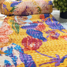 Load image into Gallery viewer, Kantha Bedspread (Yellow Floral)