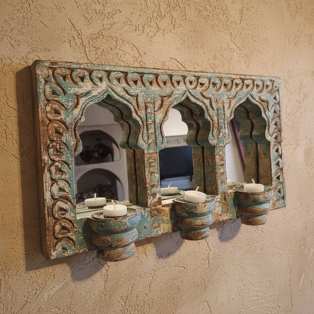 Wooden Jharokha Tealight Holder with Mirror