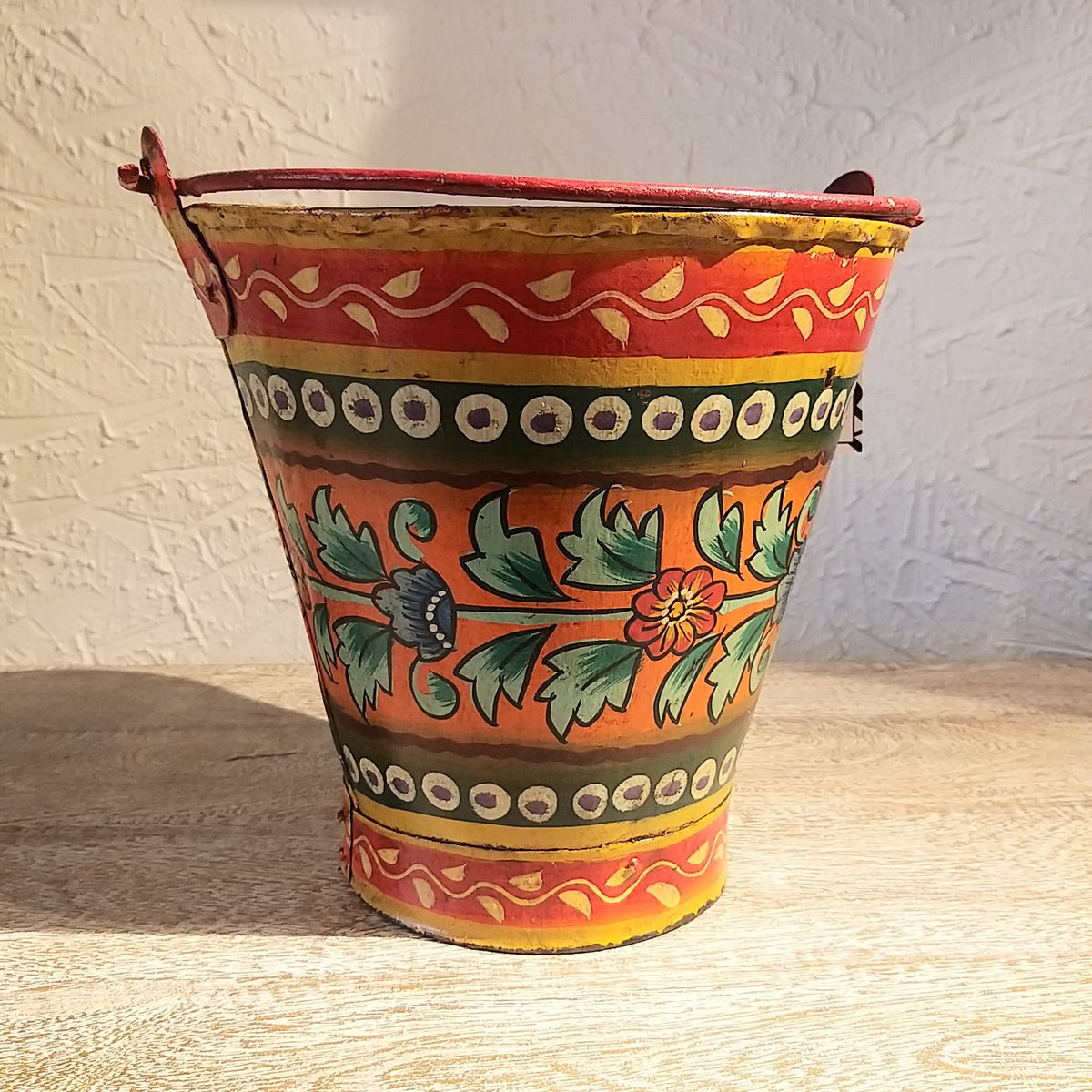 Floral Painted Planter - Metal (Orange)