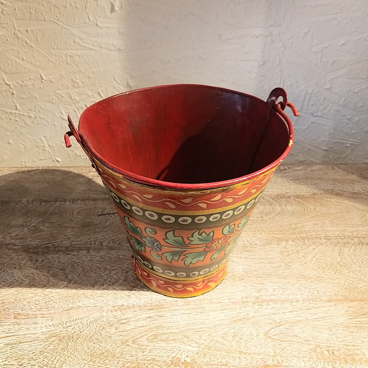 Floral Painted Planter - Metal (Orange)