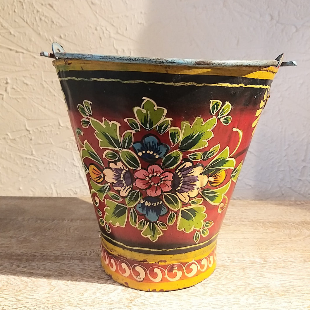 Floral Painted Planter - Metal (Red)