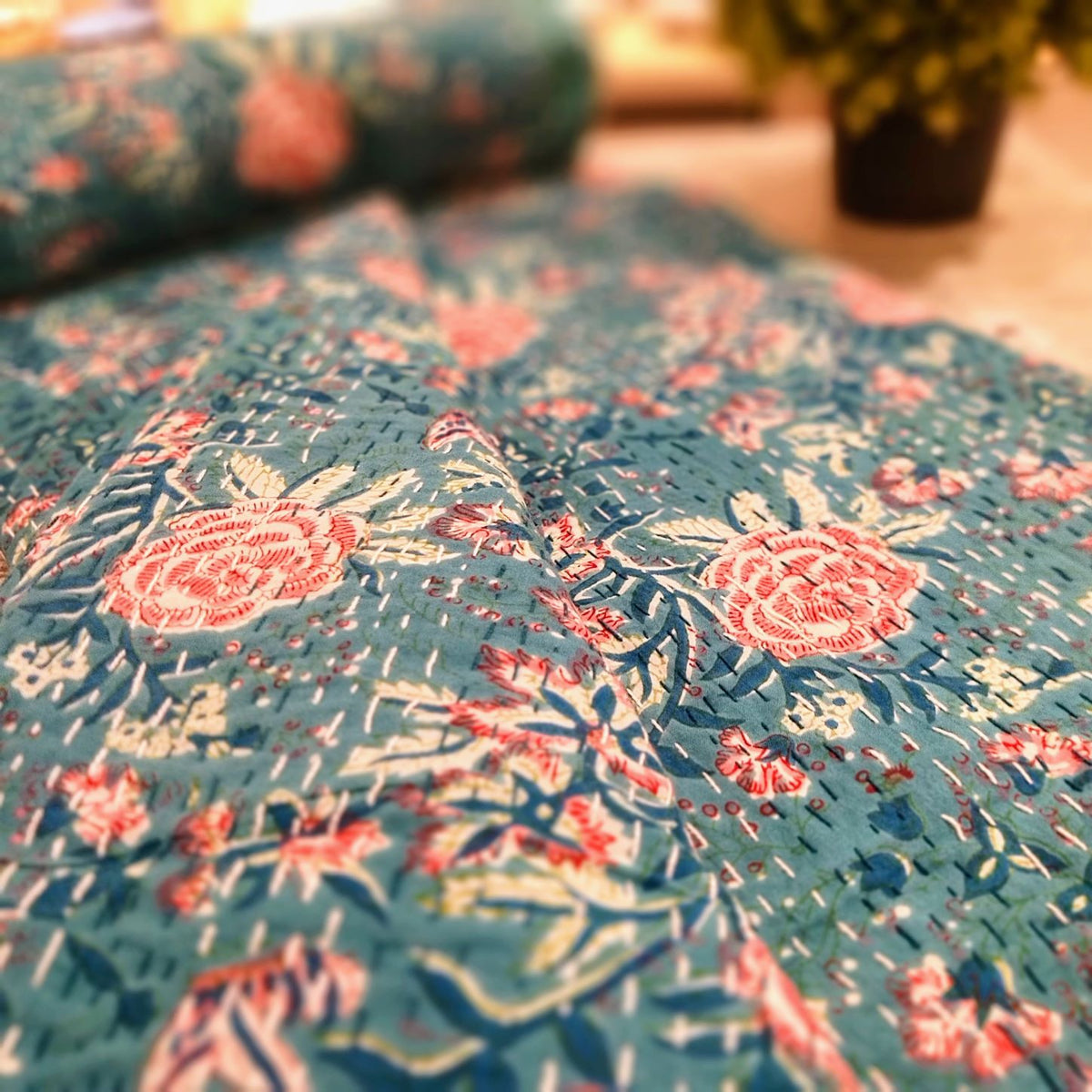 Kantha Bedspread (Blue/Green Roses)