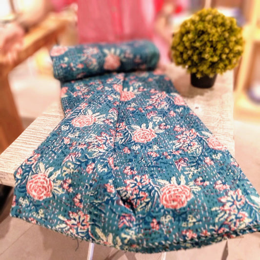 Kantha Bedspread (Blue/Green Roses)