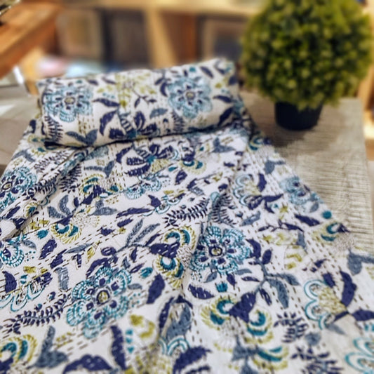 Kantha Bedspread (Blue and White Floral)