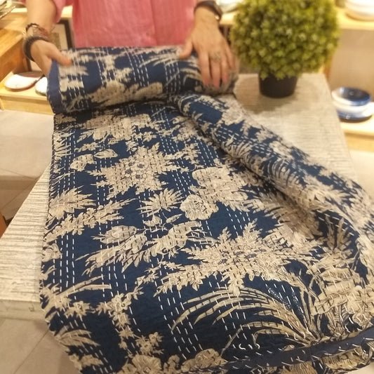 Kantha Bedspread (Dark Blue Floral)