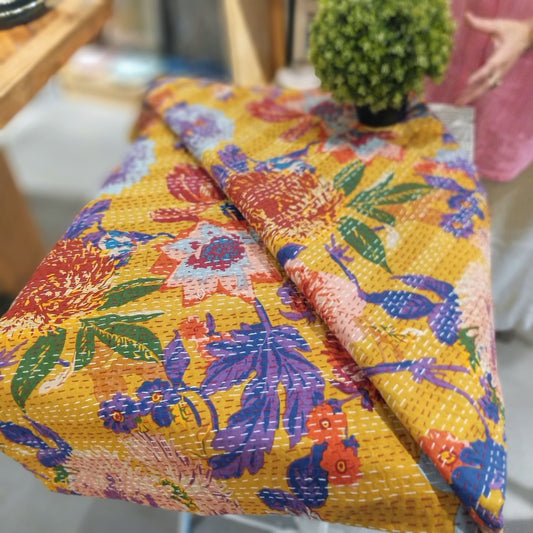 Kantha Bedspread (Yellow Floral)